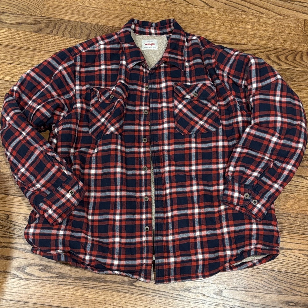 Wrangler Red Navy Plaid Sherpa-Lined Jacket